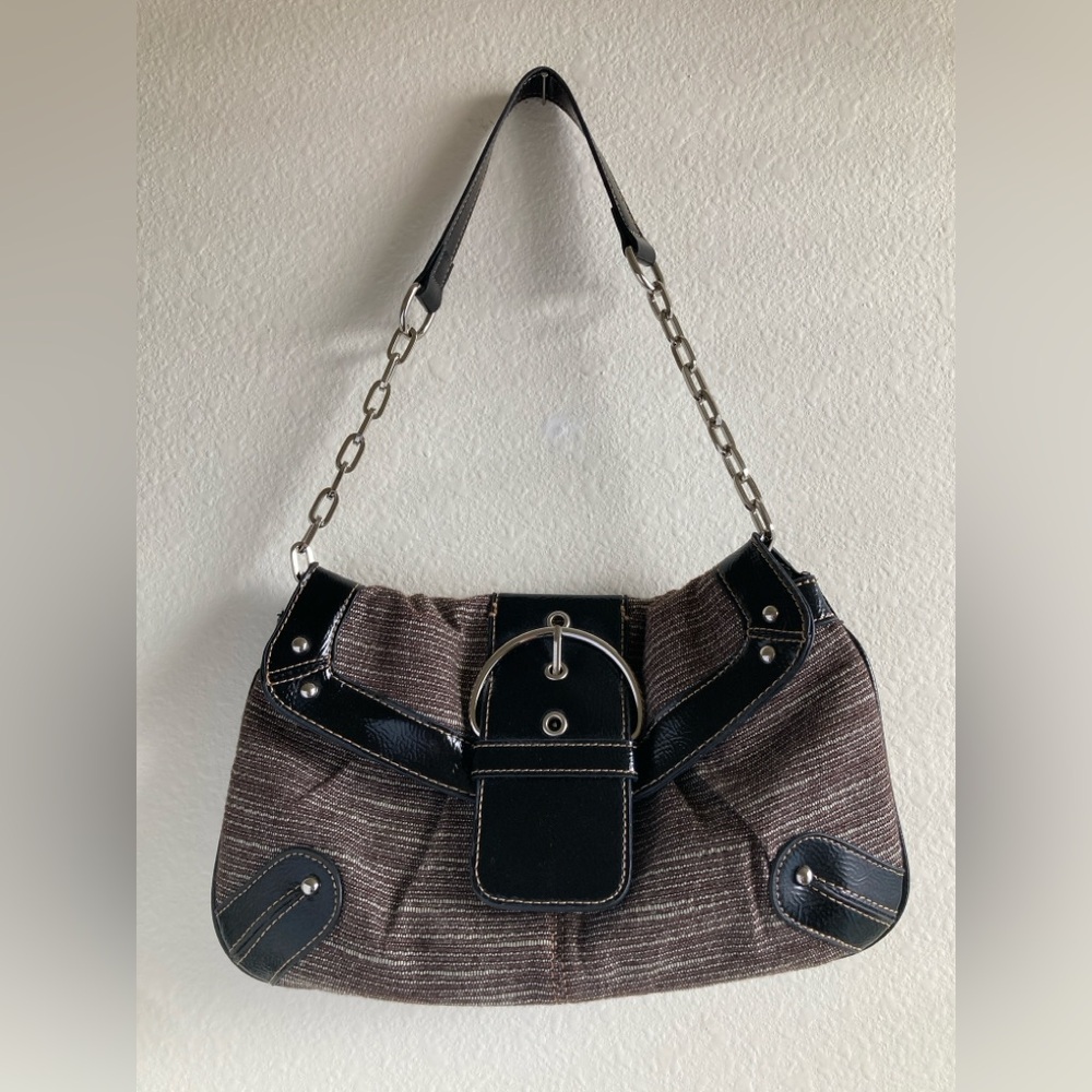 Merona Black Brown Tweed Shoulder Bag Chain Strap Purse